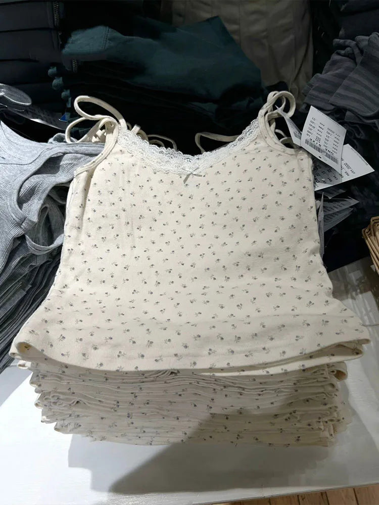 Y2K Sweet Girl - Top sin mangas de encaje de algodón tejido 2025, nueva moda de verano para mujer, camiseta ajustada, tops casuales elegantes y sexys para mujer