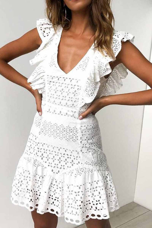 Hollow Out Lace Ruffles Solid Mini Dress