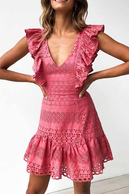 Hollow Out Lace Ruffles Solid Mini Dress