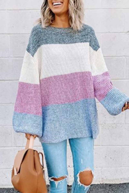 Contrast Striped Loose Round Neck Sweater