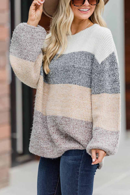 Contrast Striped Loose Round Neck Sweater