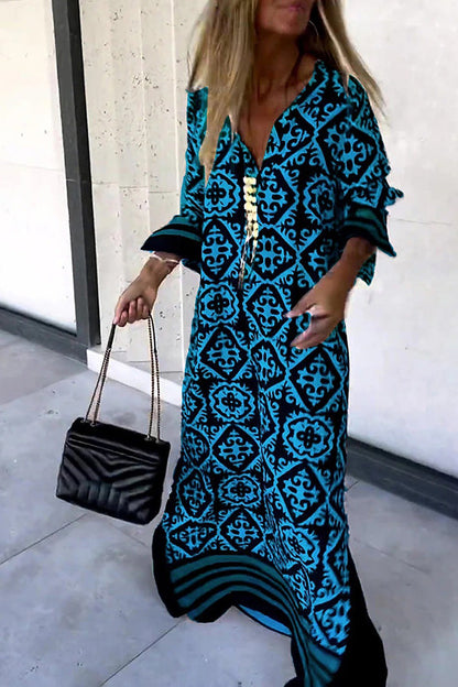 Vestido maxi casual de manga larga con estampado geométrico básicamente perfecto