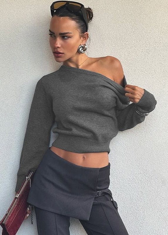 Off-Shoulder Cropped Knit Sweater – Minimalist Elegance