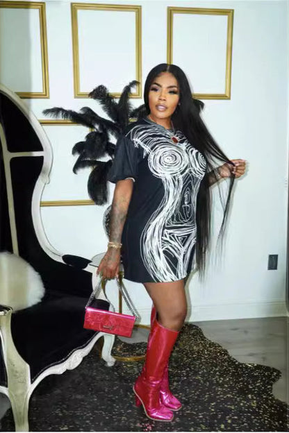 Artistic Line Print T-Shirt Mini Dress