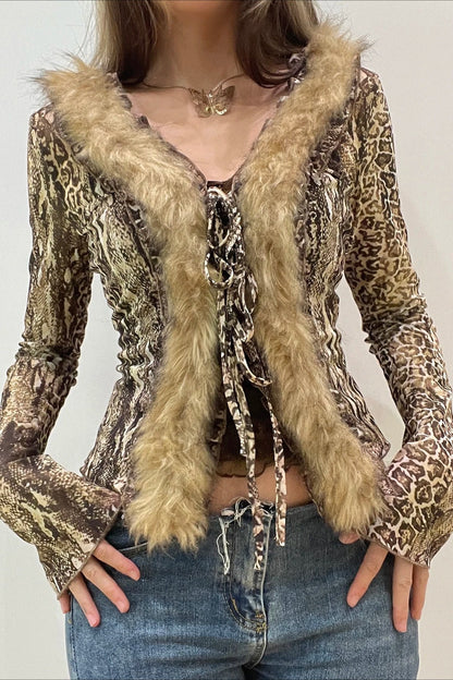 Leopard Fur Trim Mesh V-Neck Blouse