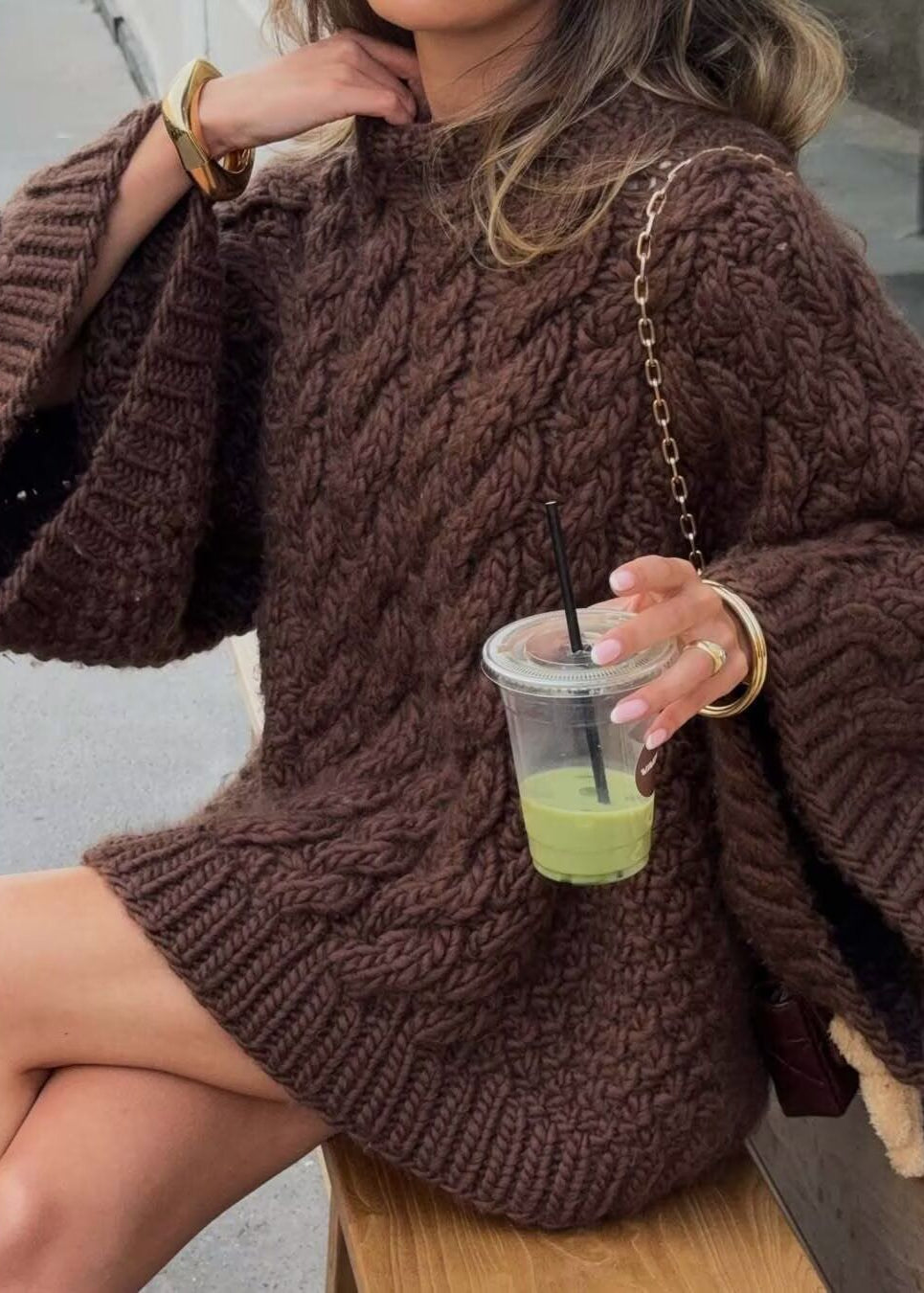 Celeste – Chunky Cable Knit Sweater in Chocolate Brown