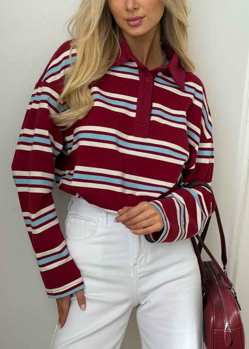 Striped Cotton Polo Long Sleeve Top - Casual Loose Fit