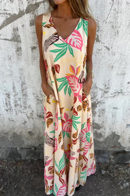 Vestido largo informal holgado con cuello en V y bolsillos y estampado botánico