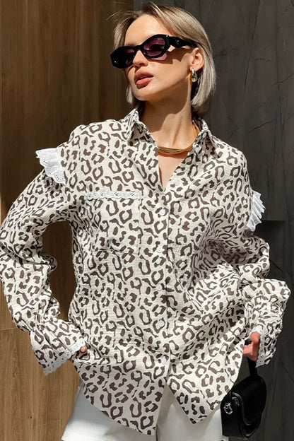Elegant Leopard Print Cotton Long Sleeve Blouse
