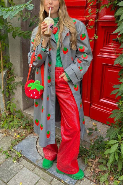 Fashion Fruit Print Long Coat Cherry Trench Coat