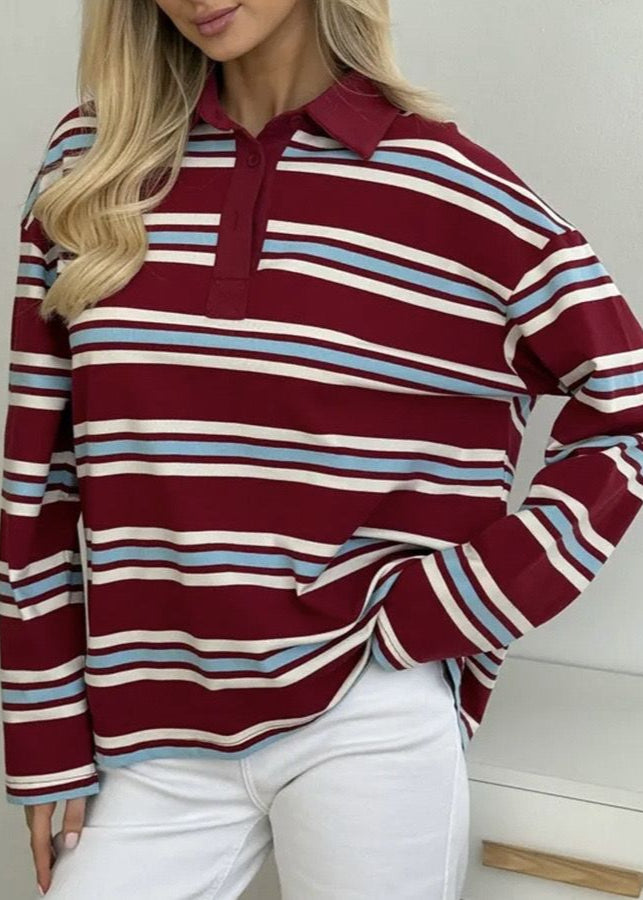 Striped Cotton Polo Long Sleeve Top - Casual Loose Fit