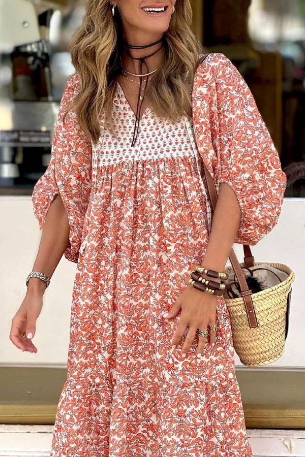 Vestido largo holgado con mangas abullonadas y estampado de estilo bohemio