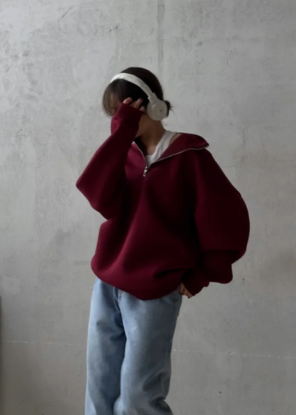 Crimson Chill - Oversized Half-Zip Sweatshirt with High Collar