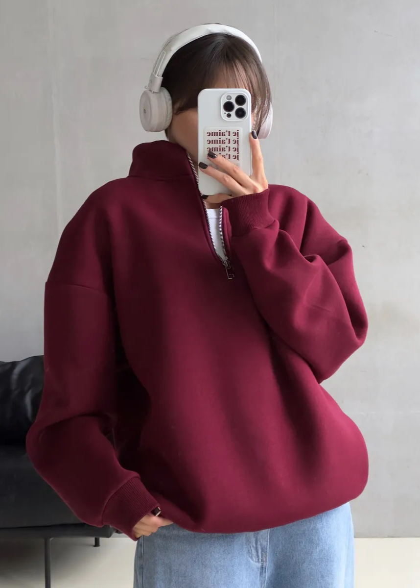 Crimson Chill - Oversized Half-Zip Sweatshirt with High Collar