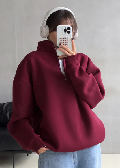 Crimson Chill - Oversized Half-Zip Sweatshirt with High Collar