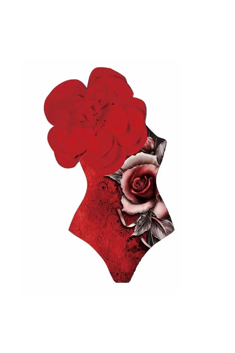 3D Red Floral Print One-Piece Swimsuit Set