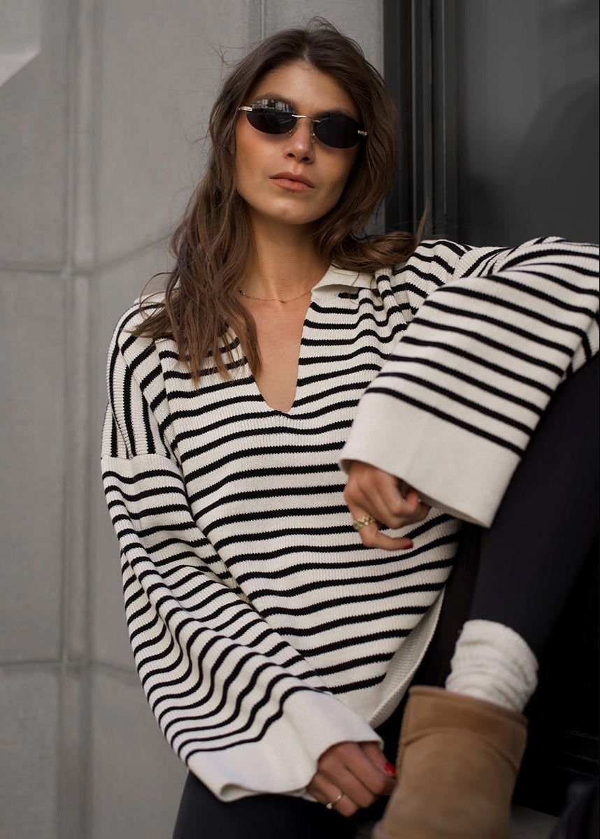 Mariner – Striped V-Neck Knit Sweater with Wide Sleeves