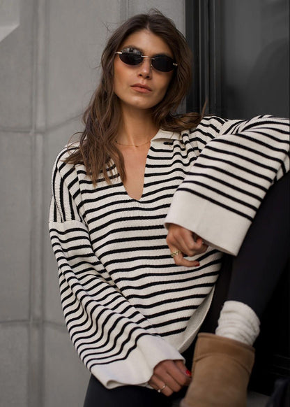 Mariner – Striped V-Neck Knit Sweater with Wide Sleeves