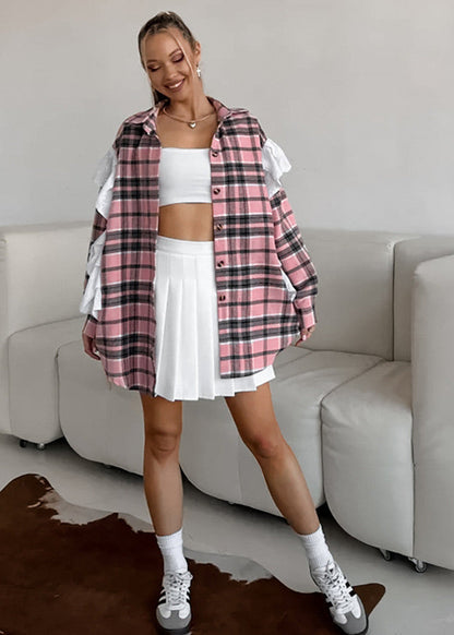 Ainsley Plaid Poplin Shirt - Pink Ruffle Accent Button-Up