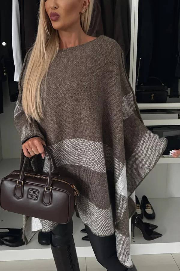 Calm and Elegant Knit Plaid Color Block Batwing Sleeve Loose Poncho