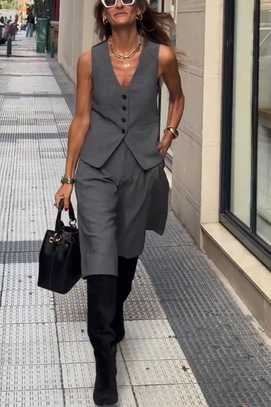 Office Social Button Back Tie-up Vest and Pocketed Wide Leg Midi Pants Set