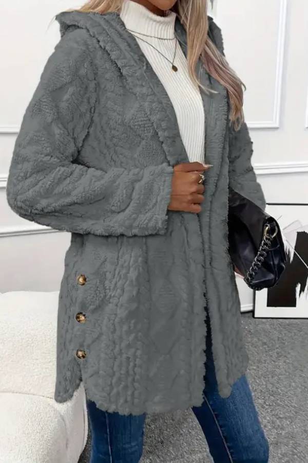 Abrigo de felpa con capucha y botones en la parte delantera con estampado texturizado de rombos