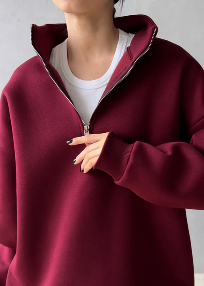 Crimson Chill - Oversized Half-Zip Sweatshirt with High Collar