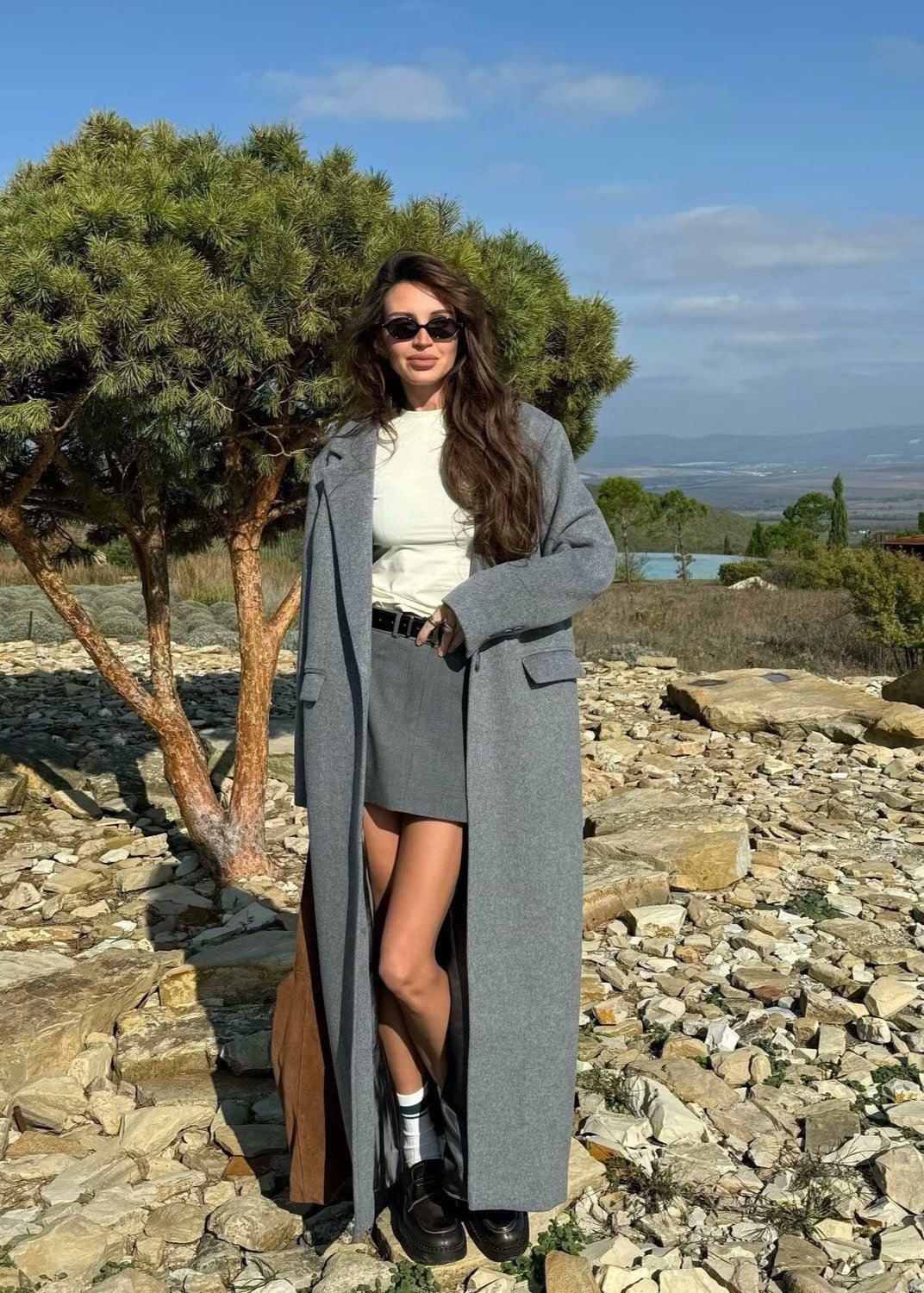 Double-Breasted Long Wool-Blend Coat – Gray