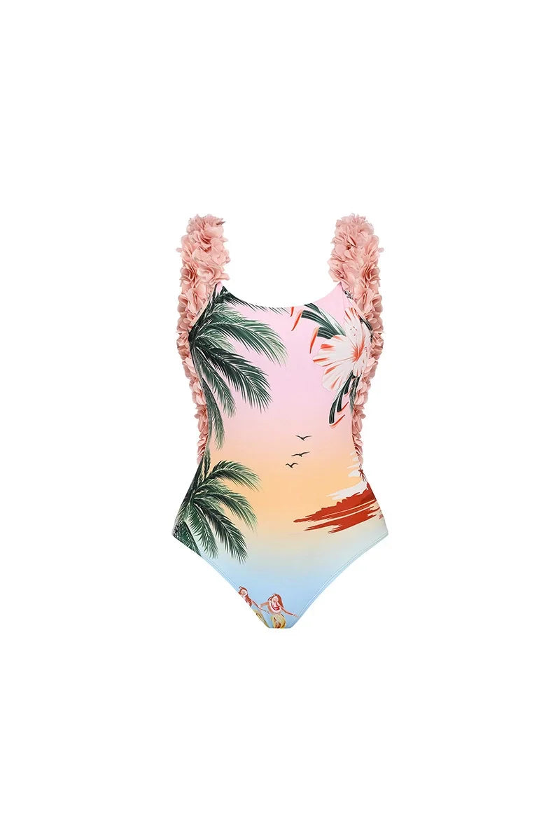 Coconut Tree Print Appliqué One-Piece Swimsuit