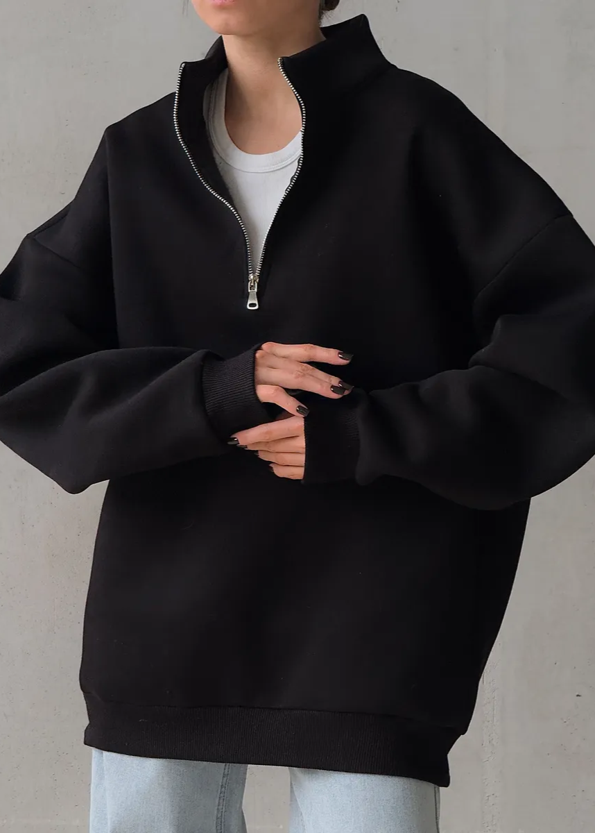 Crimson Chill - Oversized Half-Zip Sweatshirt with High Collar