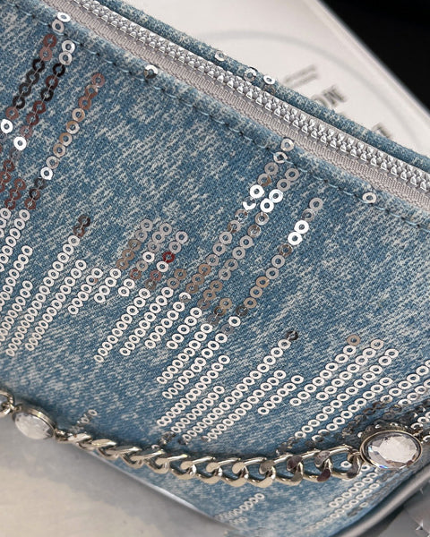 Sequined Denim Handle Underarm Shoulder Bag