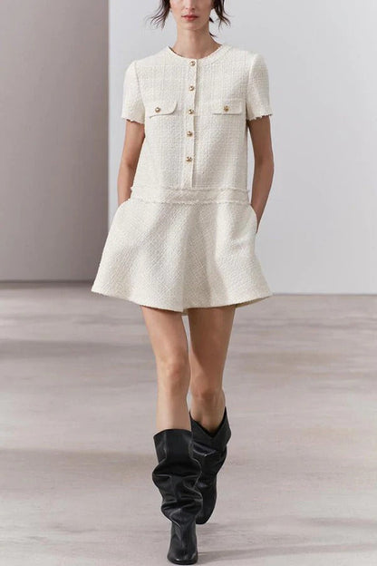 Vestido mini de tweed con textura de London Girl, manga corta, botones dorados y bolsillos, años 60