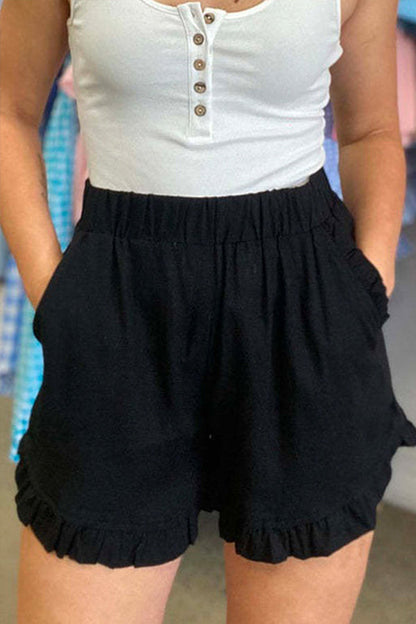 Elastic Waist Wide Leg Ruffle Cotton Linen Shorts