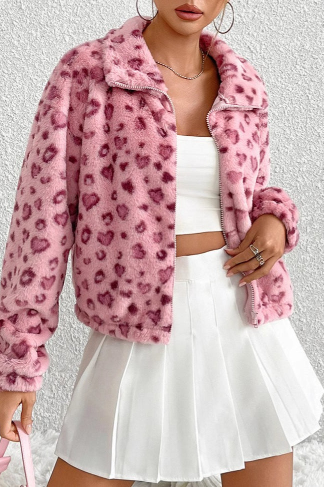 Cozy Heart Leopard Print Fleece Coat
