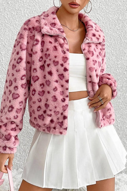 Cozy Heart Leopard Print Fleece Coat