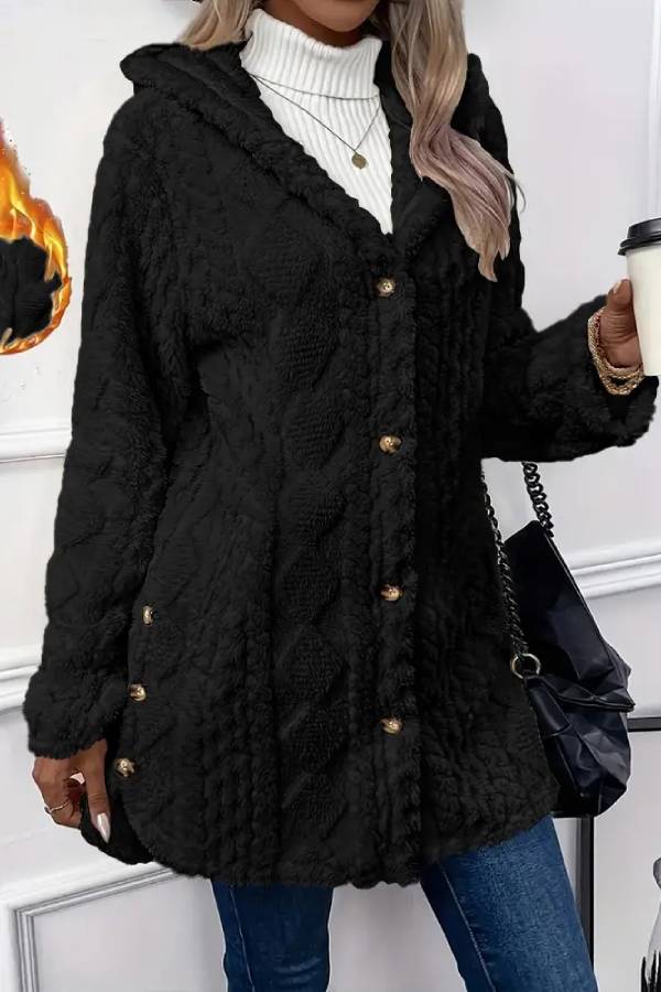 Abrigo de felpa con capucha y botones en la parte delantera con estampado texturizado de rombos