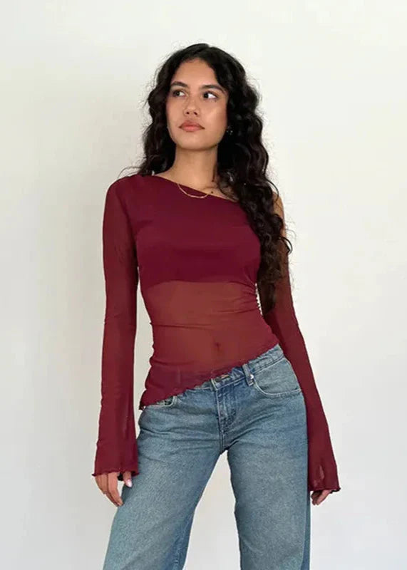 Asymmetrical Gauzy Off-Shoulder Long Sleeve Top