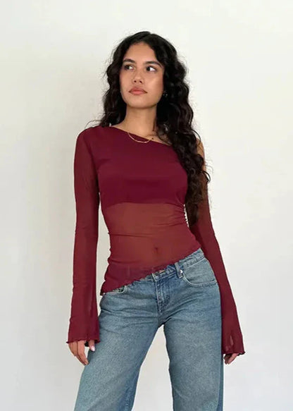 Asymmetrical Gauzy Off-Shoulder Long Sleeve Top