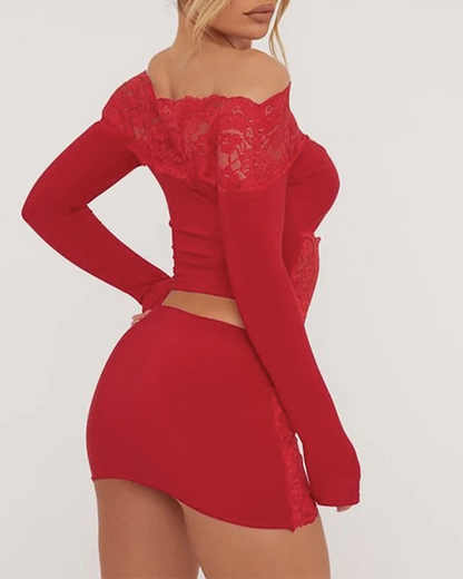 Lace Panel Stretch Skirt Set