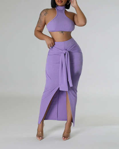 Solid Color Lace-Up Sleeveless Set