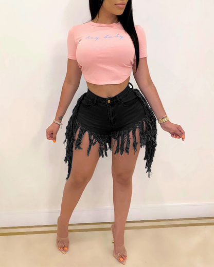 Stretch Denim Fringe Shorts