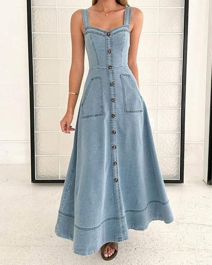 High Waist Denim Maxi Skirt With Suspenders