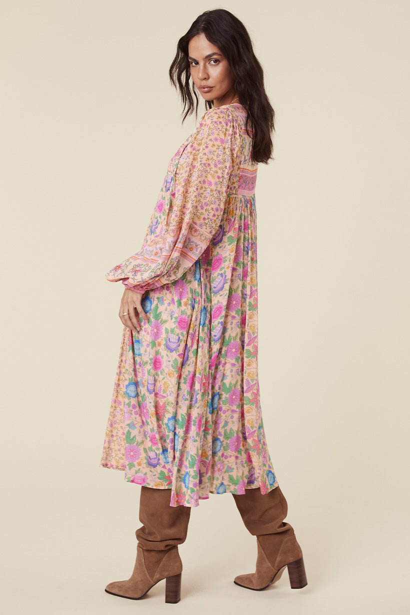Vestido campesino midi holgado con estampado de empalme Aditi 