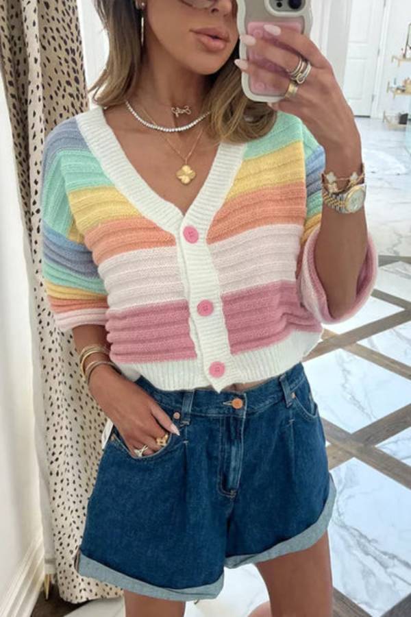 V Neck Button Up Striped Ribbed Knit Sweater