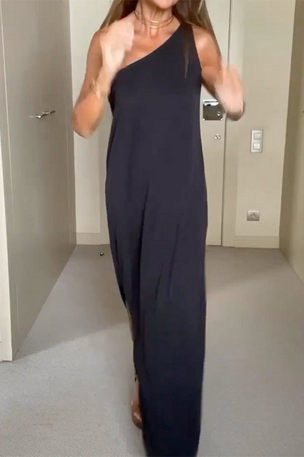 Vestidos largos asimétricos de un solo hombro sin mangas de color sólido