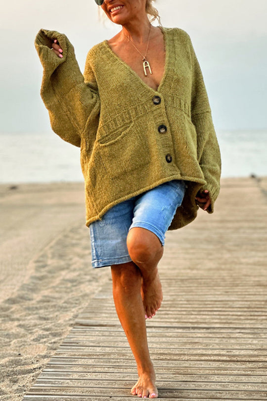 Suéter tipo cárdigan de punto con cuello en V, manga larga, holgado y de color liso con bolsillos