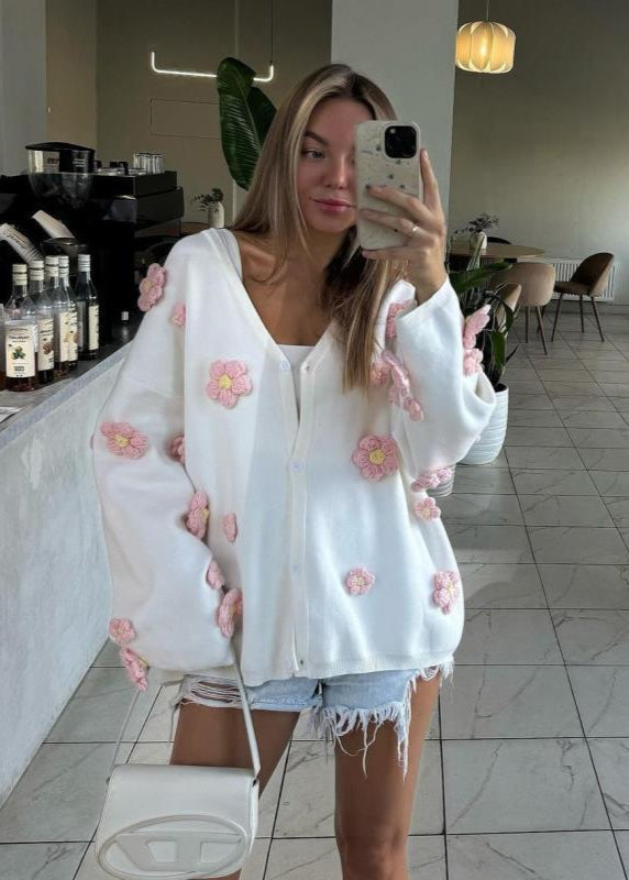 Blush Bloom - 3D Floral Knit Cardigan with V-Neck