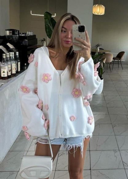 Blush Bloom - 3D Floral Knit Cardigan with V-Neck