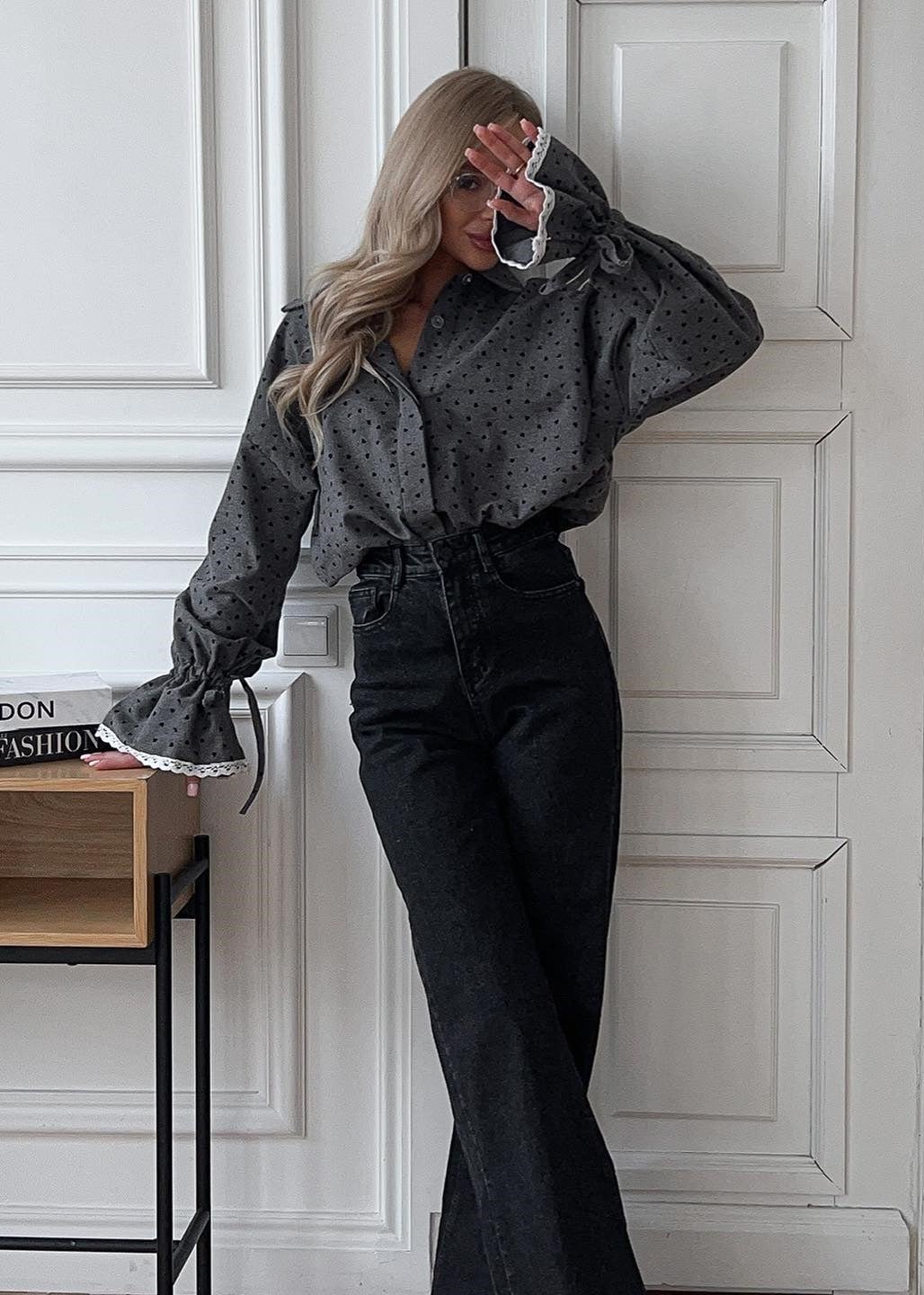 Romantic Heart Print Lace Cuff Shirt