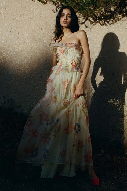 Vestido largo con volantes fruncidos y estampado de Alberta 